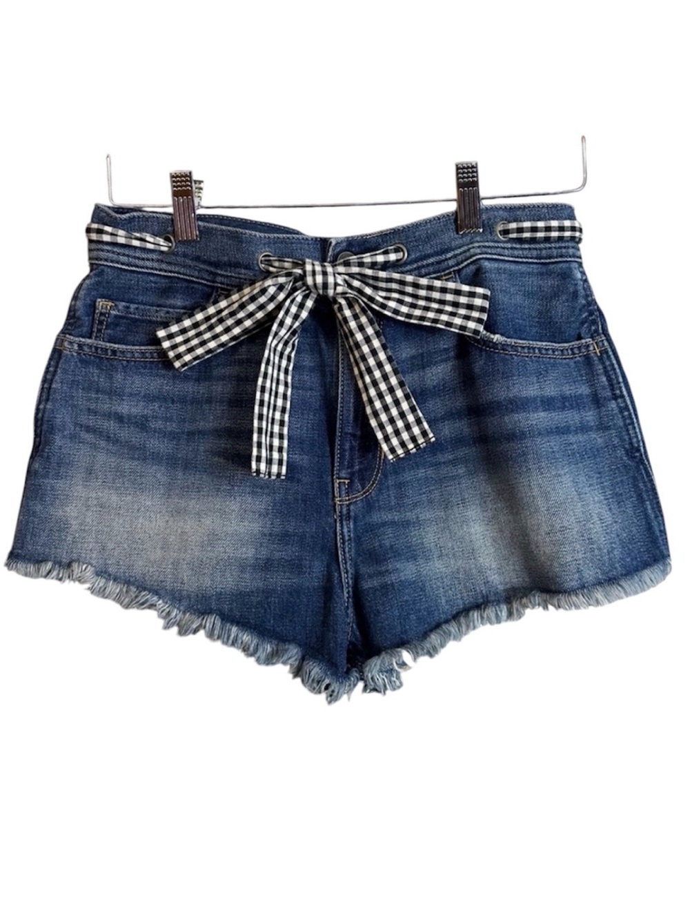Hollister Distressed High Rise Vintage Shorts With Gingham Waist Tie